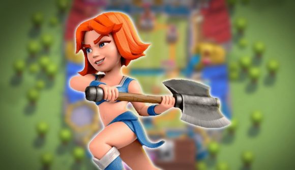 Clash Royale Valkyrie: A screenshot from Clash Royale is blurred behind a png of the ginger female character Valkyrie