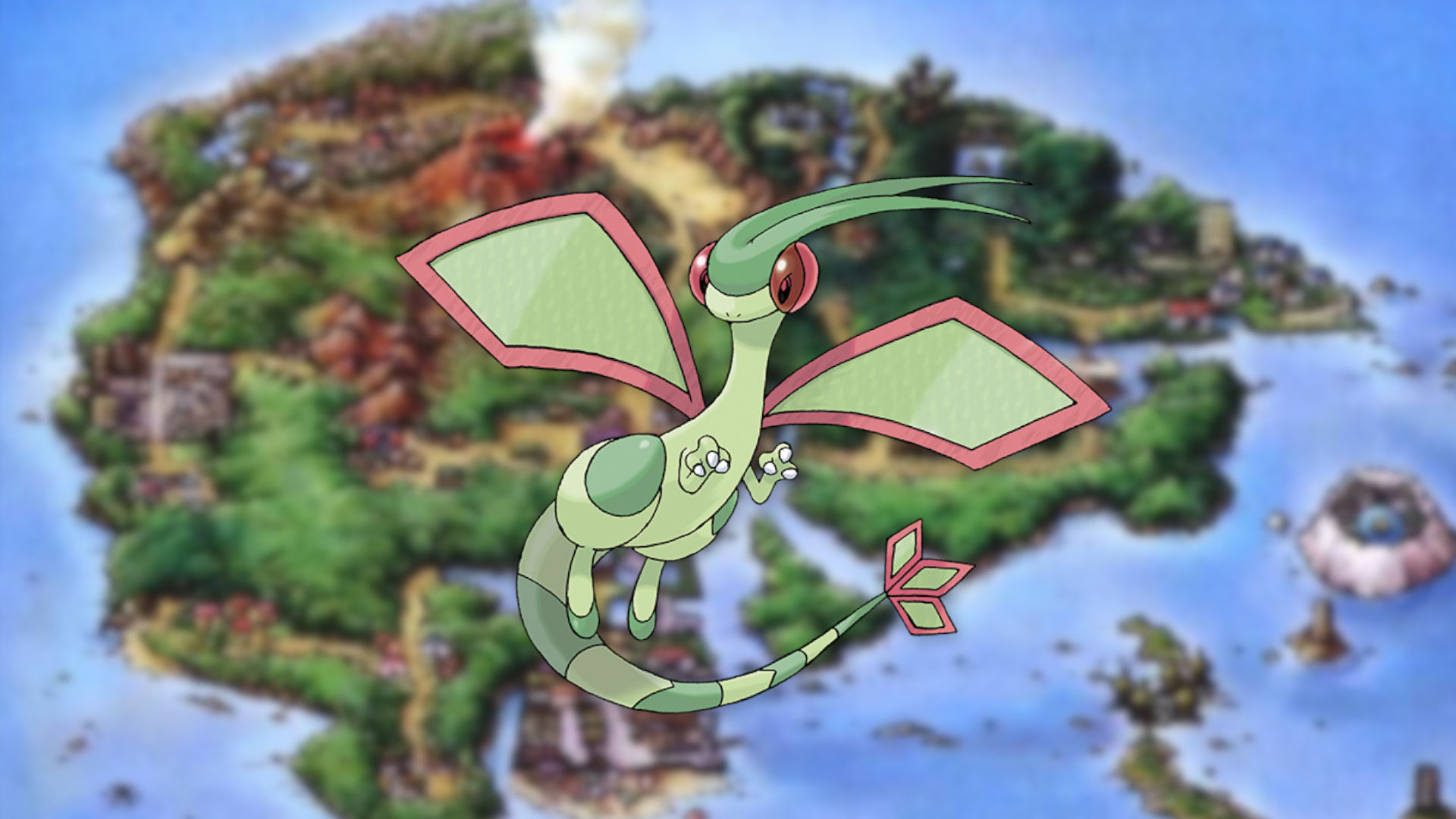 Flygon, a gen 3 Pokémon, on a Hoenn background