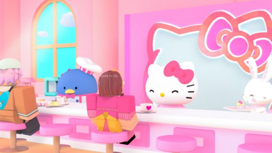 Hello Kitty Cafe codes - Hello Kitty and other Sanrio characters serving Roblox characters in a cafe