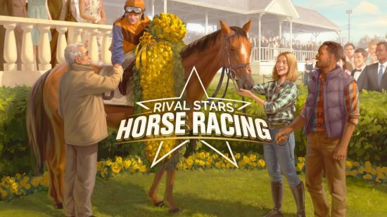 Cover art for Rival Stars Horse Racing with a winning horse being celebrated by an event runner