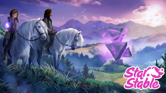 Image of two people on horseback looking over a ravine on the Star Stable cover for Horse games article