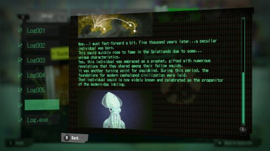 Text from a Splatoon 3 Alterna Log alongside a picture of a humanoid squid