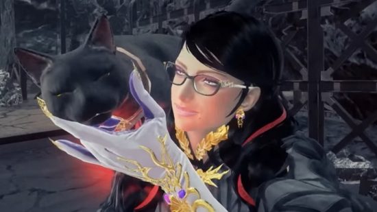 Proof that you can pet the cat in Bayonetta 3, showing Bayonetta petting a cat