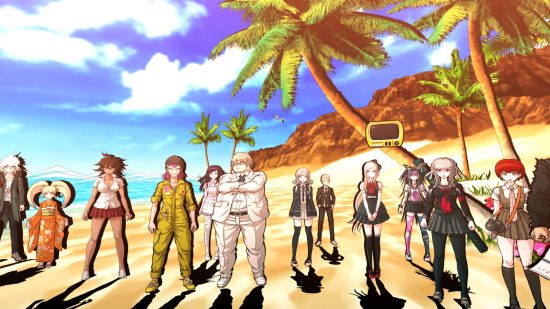 Danganronpa games - a screenshot of multiple characters from Danganronpa 2: Goodbye Despair stood on a beach