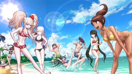 Danganronpa games - a group of characters frolicking on the beach in Danganronpa S: Ultimate Summer Camp