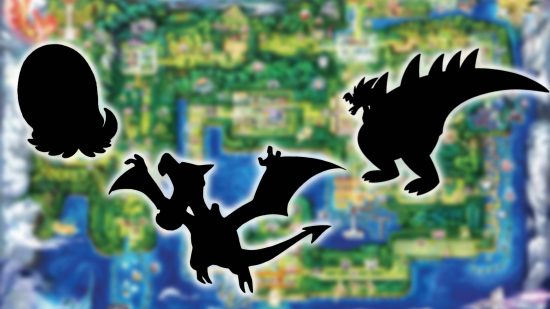 Fossil Pokemon: Key art shows the Pokemon Omanyte, Aerodactyl, and Dracozolt, all covered with a black overlay