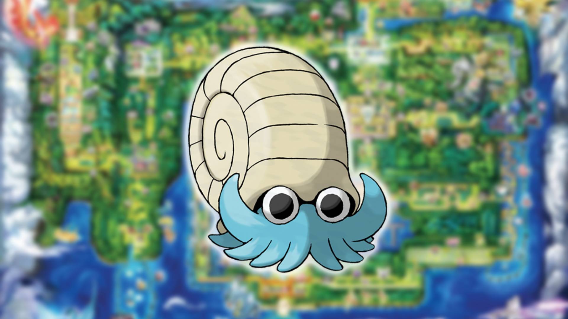  A photo of the Pokemon Omastar, a rock and water type Pokemon that resembles a squid with clam-like spiral shell.
