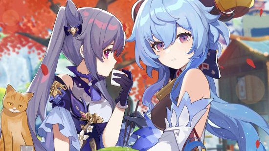 Genshin Impact codes - two girls with purple hair enjoying tea and cakes