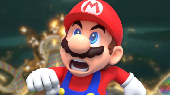 Custom image of Mario looking stressed on a Mario Kart background for Mario Kart stress article
