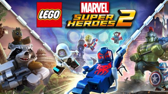 Kluczowa grafika dla Lego Marvel Super Heroes z pojawiającym się Spidermanem 
