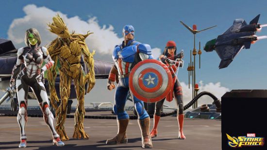 Kluczowa grafika zespołu superbohaterów z MARvel Strike Force, w tym Groota i Kapitana Ameryki