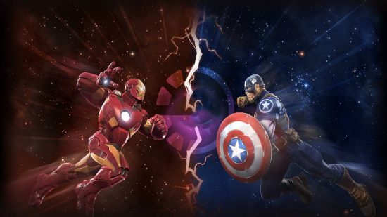 Kluczowa grafika MCOC, jednej z internetowych gier Marvela, przedstawiająca Iron Mana walczącego z Kapitanem Ameryką