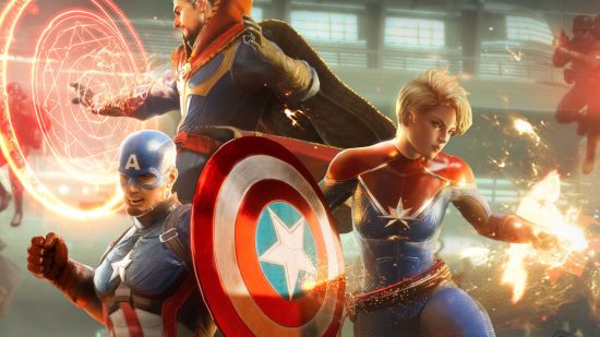 Kluczowa grafika dla Marvel Future Revolution z Kapitanem Mavelem i Kapitanem Ameryką