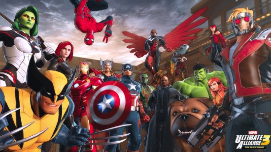 Kluczowa grafika dla Marvel Ultimate Alliance z wieloma postaciami Marvela wypatrującymi bitwy