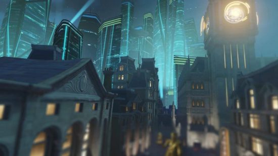 Une Carte Overwatch 2 Montrant Une Scène Montrant Une Ville Nocturne Avec Une Grande Ligne D'horizon Futuriste Et Big Ben Avec Une Horloge Holographique.