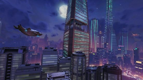 Une Carte Overwatch 2 Montrant Une Scène D'une Haute Tour Cyberpunk-Y Dans Un Horizon Nocturne De La Ville Avec Un Dirigeable Qui Passe.