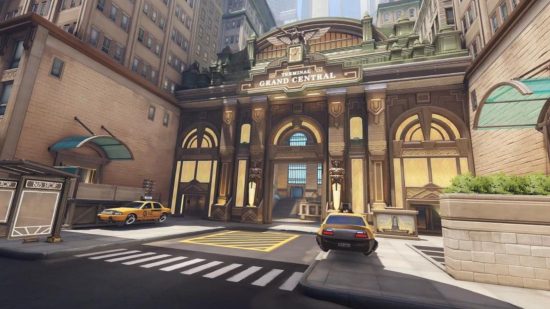 Une Carte Overwatch 2 Montrant Une Scène De New York Avec Une Grande Façade De La Gare Grand Central, Des Taxis Jaunes Et Des Gratte-Ciel Dans Le Ciel.