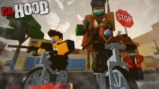 Roblox games Da Hood - a group of criminals on bicycles looking intimidating