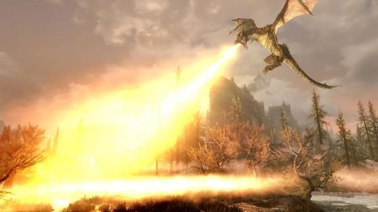 Un Dragon Crachant Du Feu Sur Une Grande Plaine Hivernale Dans Une Capture D'écran De Skyrim Pour Notre Guide Skyrim Serana.