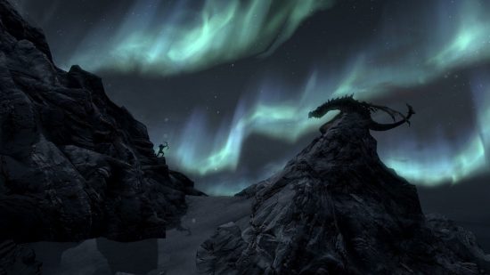 Dragon and solider in northern lights Skyrim wallpaper