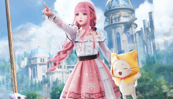 Infinity Nikki release date - Nikki wearing a pink dress standing next to a cat