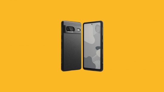 One of the best phone cases, the Ringke Onyx on the Google Pixel 7, shown twice, once from the front, once from the back. It's a black phone with a bar at the top on the back where the camera sticks out. On the right the screen has a grey came wallpaper.