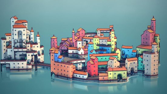 Beste Sandbox-Spiele: Ein Screenshot zeigt ein idyllisches, auf dem Wasser schwimmendes Dorf, dessen Gebäude alle in verschiedenen Pastellfarben gehalten sind