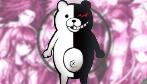 A Danganronpa sprite showing a teddy bear, half white, half black (colour split down the middle),with a toothy grin on the black side and a jagged red eye too.