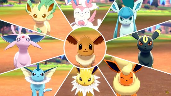 Evolution de Pokémon Go Évoli - Évoli est entouré de toutes ses évolutions