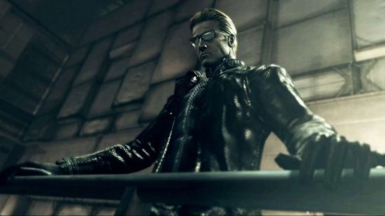 Resident Evil's Wesker stood on a balcony leaning on the rail