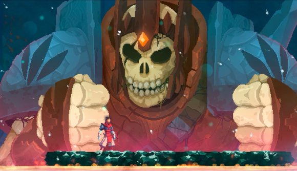 Dead cells map: a large skeletal mnster with armour on slams fists down on a platform with a tiny little guy on it, all red and brown a turqoise.