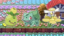 Flower Pokemon: From left to right, Smoliv, Bulbasaur, and Flabebe all with white outlines on a background shot of Floaroma Town from Pokemon BDSP