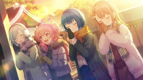 Project Sekai events: The members of MMJ, from left to right, Shizuku, Airi, Haruka, Minori, praying at a shrine in winter coats.
