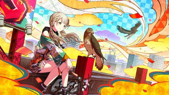 Project Sekai events: Kohane sat on a stylised rooftop with an eagle.