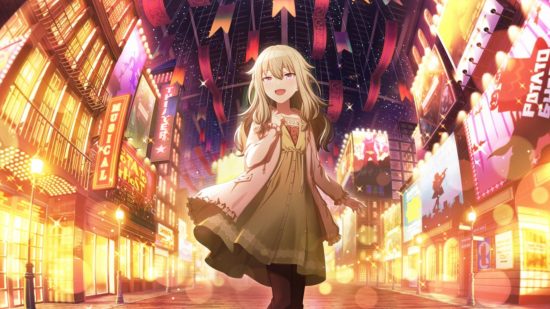 Project Sekai events: Nene walking wide-eyed down a street filed with neon signs for theatre shows.