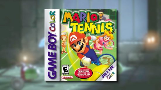 Personaggi di Mario sulla copertina di Mario Tennis per GameBoy Colour. Mario sta oscillando, con Peach dietro che fa lo stesso.