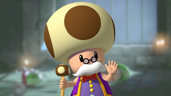 Il personaggio di Mario Toadsworth, un vecchio con piccoli occhiali, un bastone, baffi bianchi sulla bocca e un elegante vestito viola, con anche un fungo per capelli.