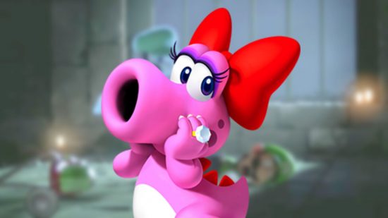 Il personaggio di Mario Birdo, un dinosauro in rosa con un fiocco per capelli e un muso largo come una pipa.