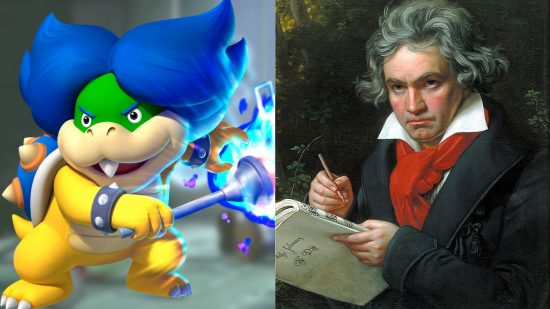 Il personaggio di Mario Ludwig, una tartaruga con i capelli blu a punta, accanto a un'immagine di Ludwig van Beethoven, il famoso compositore.
