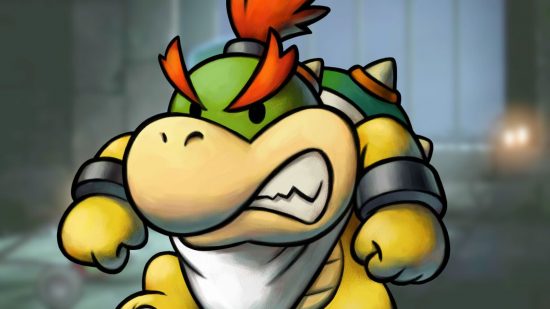 Il personaggio di Mario Baby Bowser, una piccola tartaruga con una sciarpa bianca e sopracciglia feroci che sembra tutta arrabbiata.