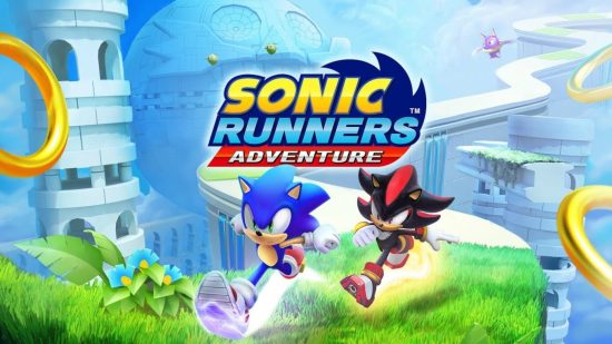 Najlepsze gry Sonic: Kluczowe grafiki z gry Sonic Runners Adventure przedstawiające Sonica i Shadowa ścigających się ze sobą po trójwymiarowej drodze w stylu Green Hill Zone.