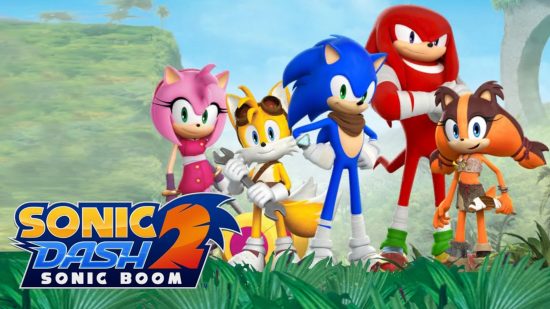 Najlepsze gry Sonic: Kluczowa grafika z Sonic Dash 2: Sonic Boom z udziałem Sonica, Tailsa, Amy, Knucklesa i Sticks the Badger.
