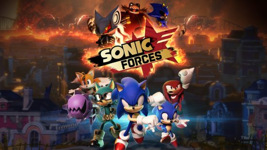 Najlepsze gry Sonic: Kluczowa grafika od Sonic Forces, przedstawiająca logo i szereg postaci na ciemnym tle.