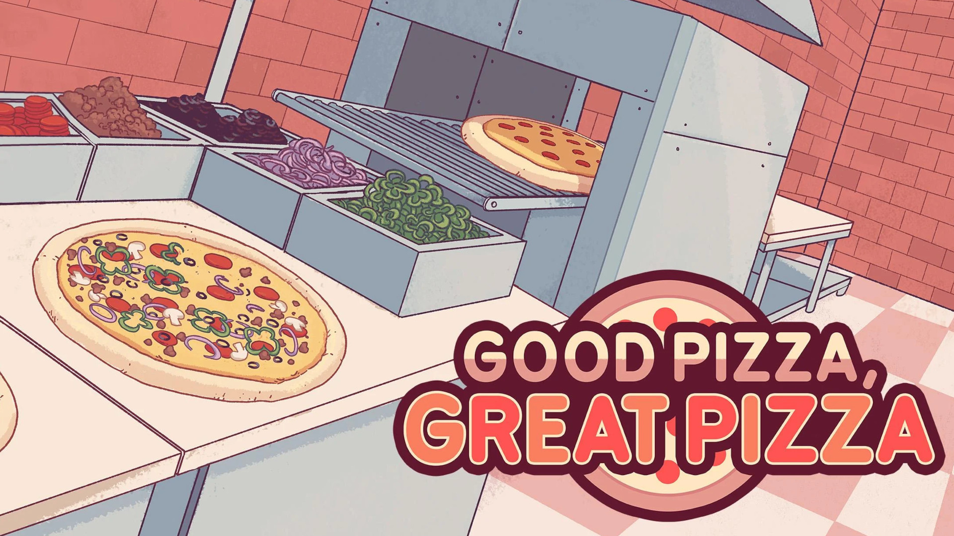 Cooking games: A pale coloured line drawing of a pizza oven with the Good Pizza Great Pizza logo in the right hand corner.