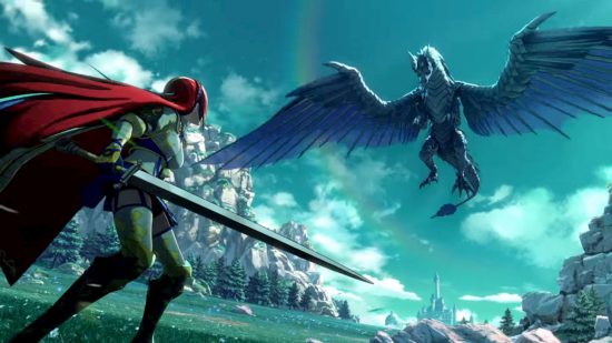 Fire Emblem Engage preview - a red and blue haired hero faces up to a giant dragon in the sky above an open green plain