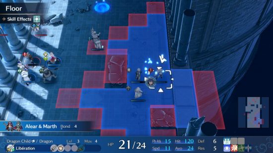 Fire Emblem Engage preview - a grid of blue and white squares showing a tactical battle.