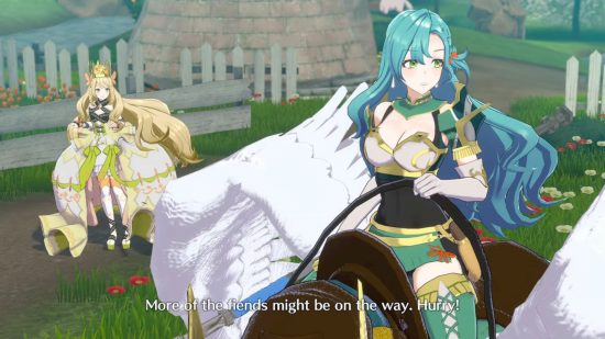 Fire Emblem Engage preview - a woman with long blue hair and elegant armour atop a horse with a small blonde woman in a large dress stood behind