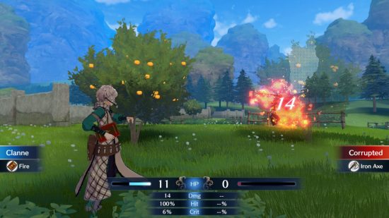 Fire Emblem Engage preview - a grassy plain with orange trees and a small boy throwing a fire ball at an enemy