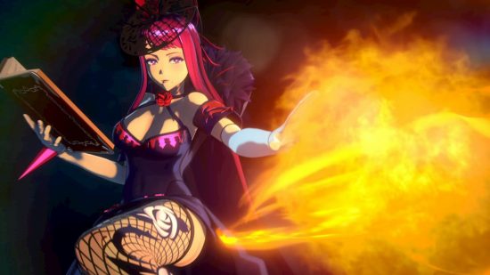 Fire Emblem Engage preview - a villainous looking woman in purple and red corset with a dainty hair and long red hair wields fire with her left hand and hold a book in her right.