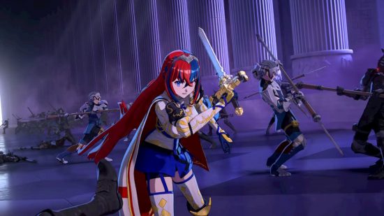 Fire Emblem Engage preview - numerous soldiers slash away in a hall flanked by large columns as a woman with red and blue hair runs through with a sword